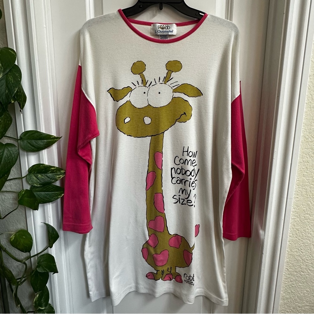 Vintage-Women’s Robb for J. Christopher Giraffe Pink & Wht Sleep Shirt Sz Large